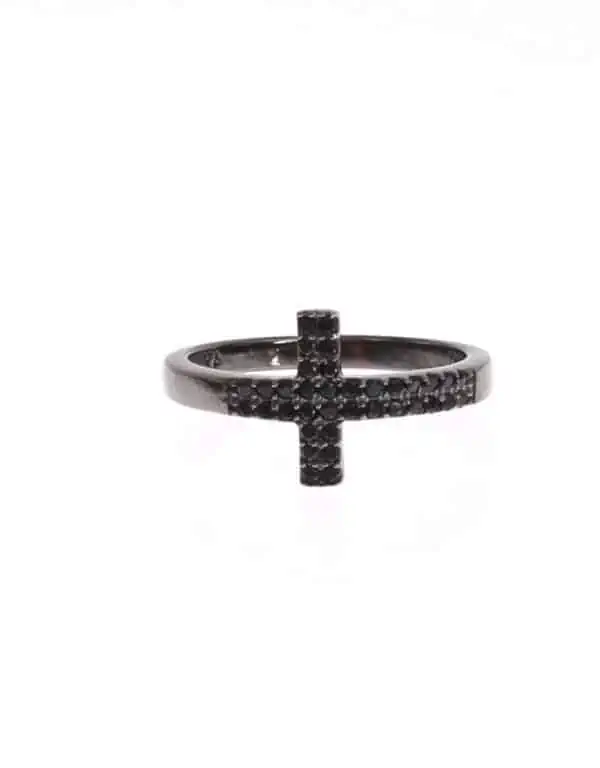 Nialaya Black CZ Cross Rhodium 925 Ring