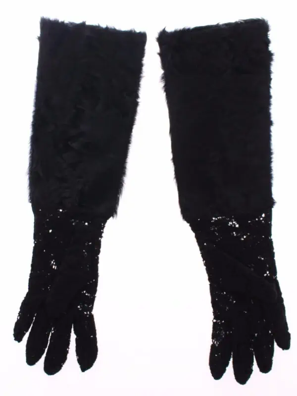 Dolce & Gabbana Black Lace Wool Lambskin Fur Elbow Gloves