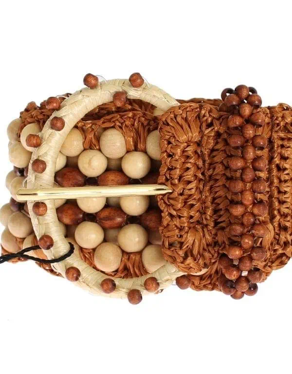 Dolce & Gabbana Brown Raffia Wood Beaded Wide Waist Belt