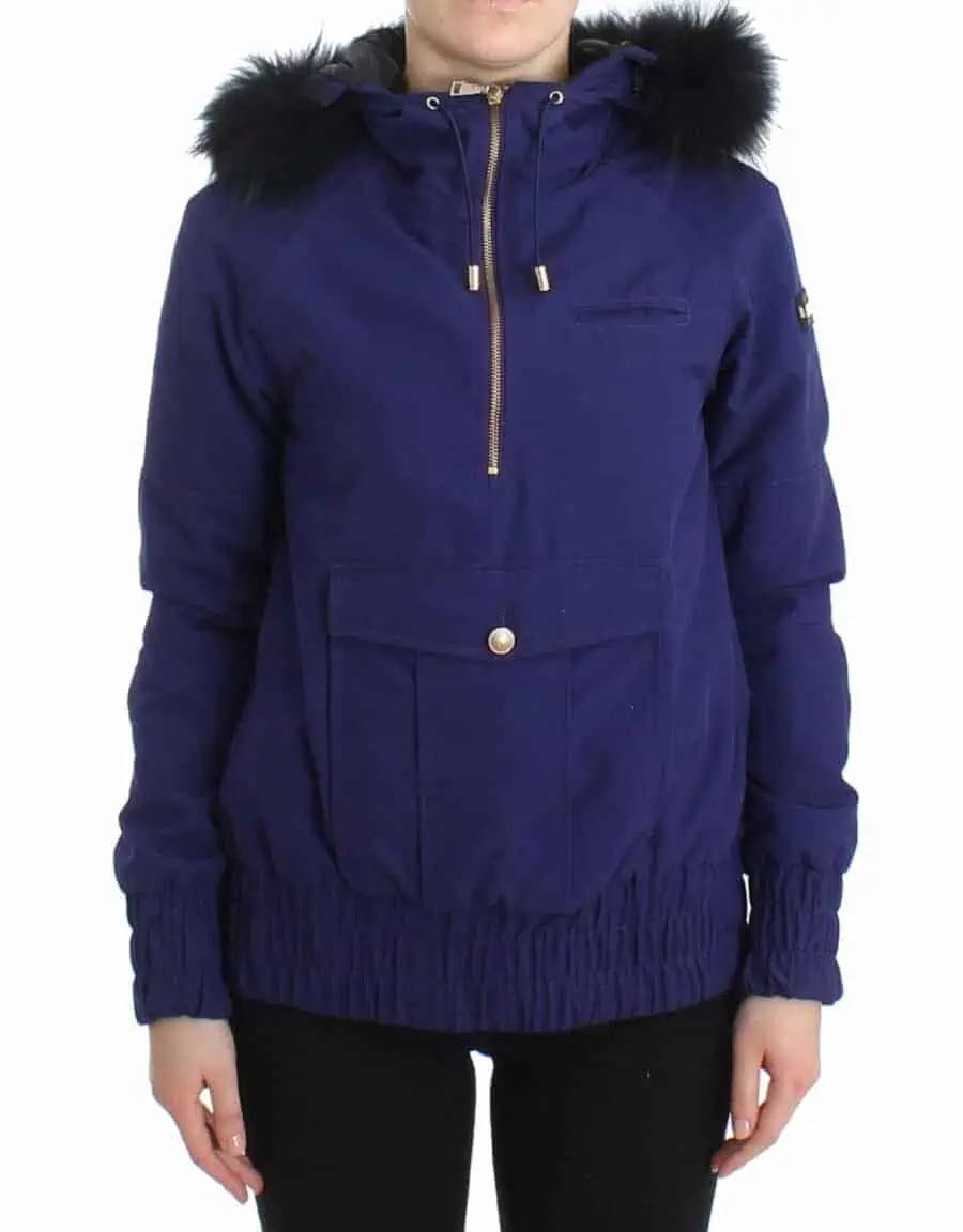 GF Ferre Chic Blue K-Way Jacket with Faux Fur Accent