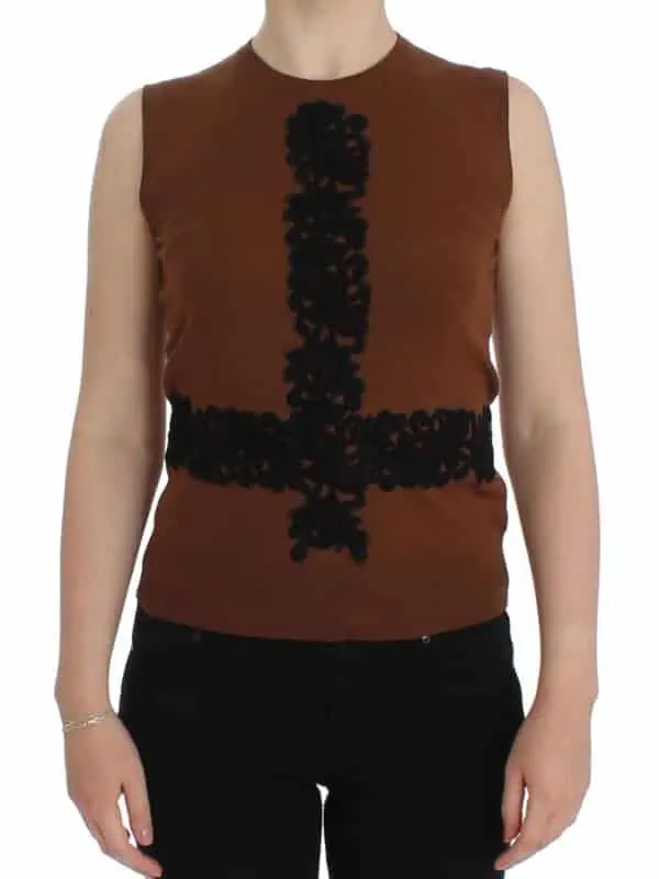 Dolce & Gabbana Brown Wool Black Lace Vest Sweater Top