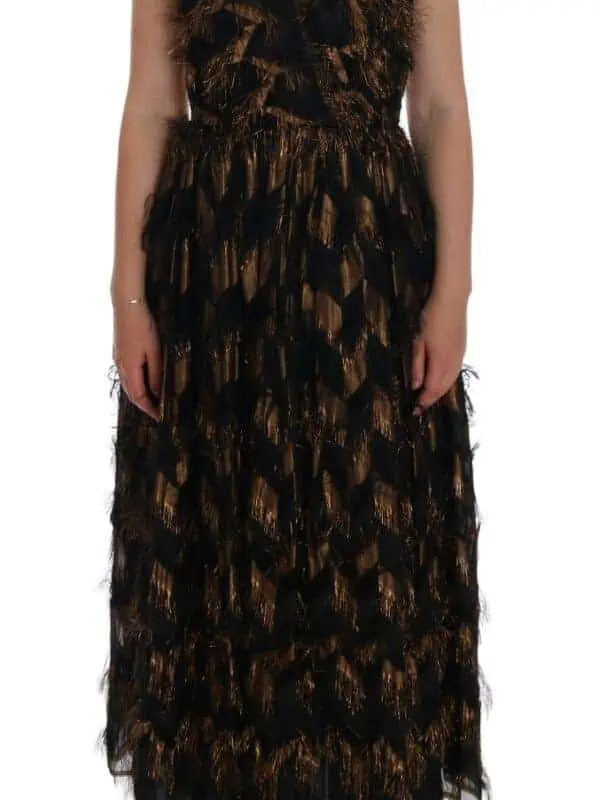 Dolce & Gabbana Black Silk Brown Fringes A-Line Dress