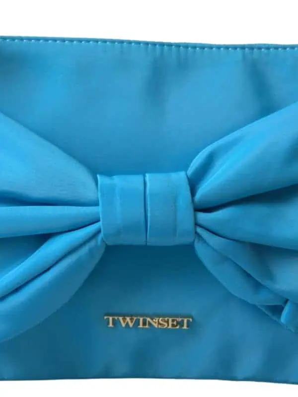 Twinset Blue Tafta Silk Large Bow Zipper Clutch Women Borse Logo Bag