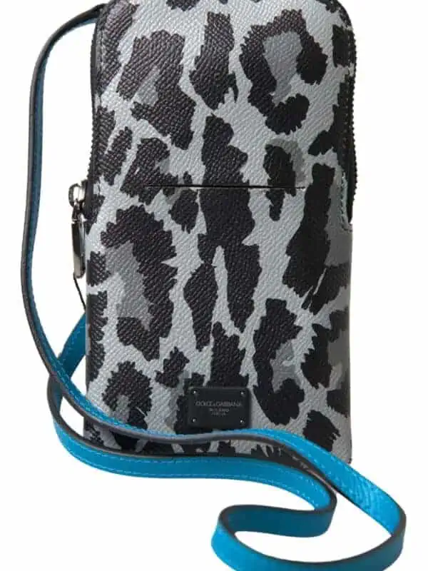 Dolce & Gabbana Gray Leopard Leather Men Purse Crossbody Sling Phone Bag