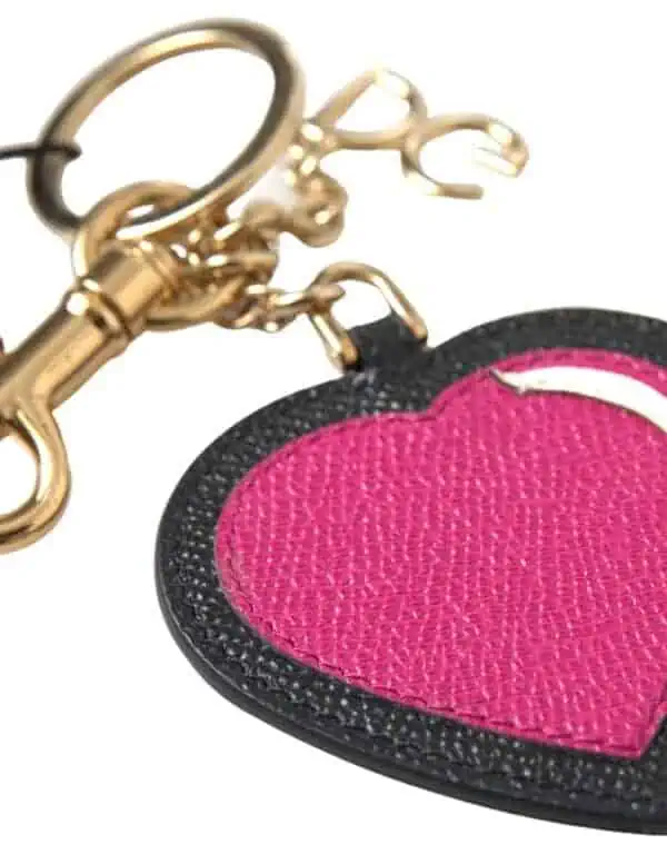 Dolce & Gabbana Black Fuchsia Heart Leather Gold Metal Keyring Keychain