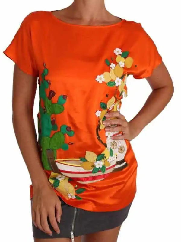 Dolce & Gabbana Silk Orange Lemon Crystal T-shirt Top