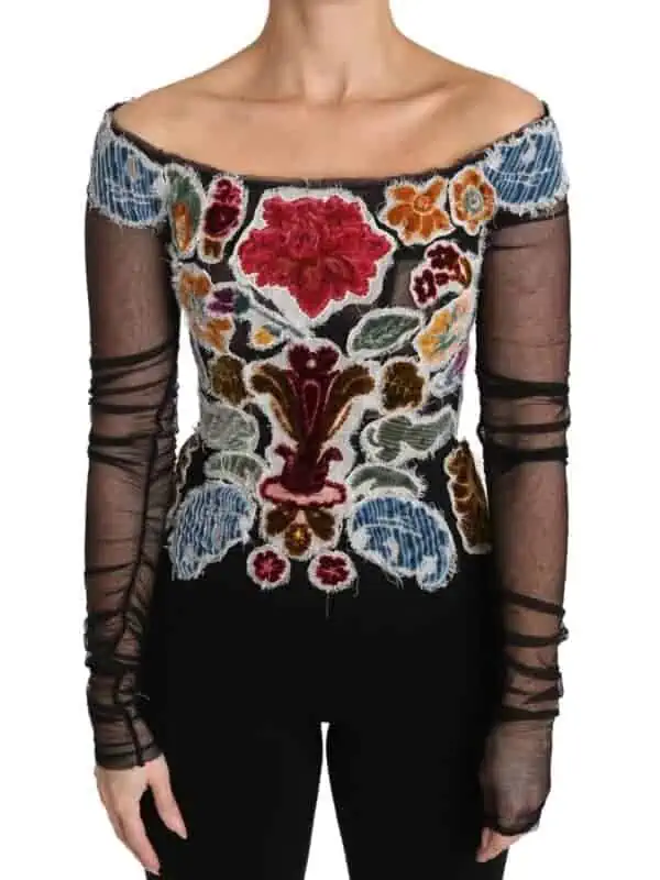 Dolce & Gabbana Black Floral Ricamo Top T-shirt Blouse