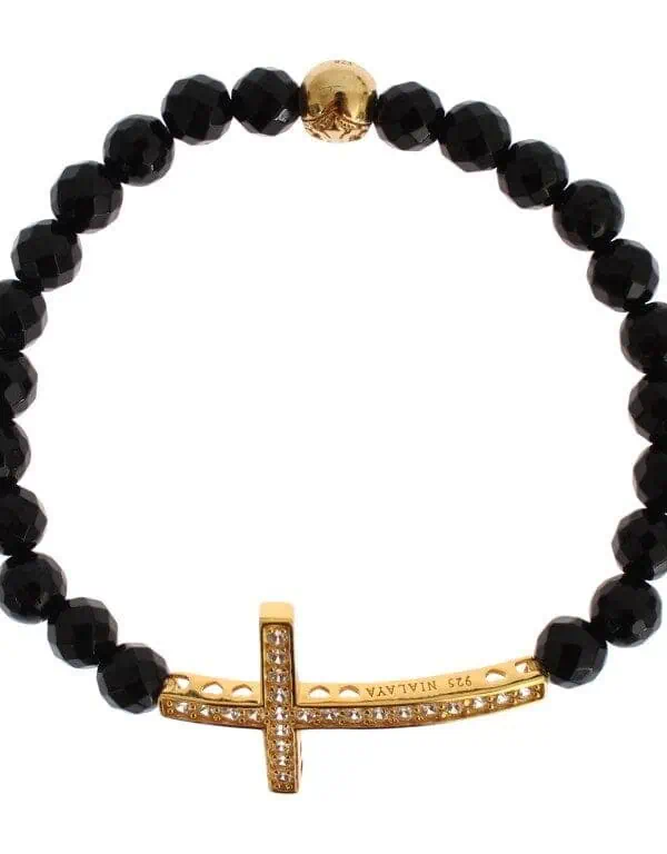 Nialaya Agate Stone Gold CZ Cross 925 Silver Bracelet