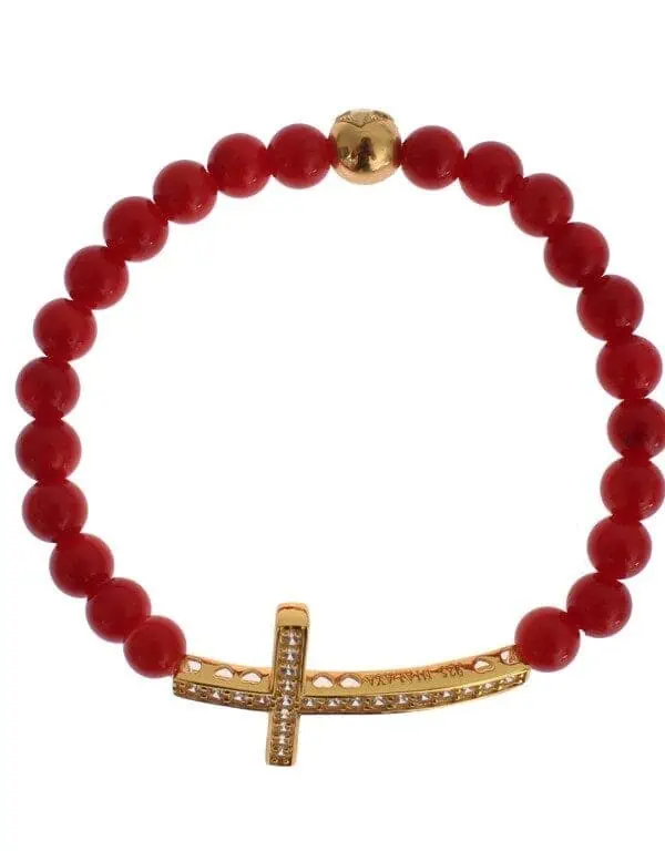 Nialaya Red Coral Gold CZ Cross 925 Silver Bracelet
