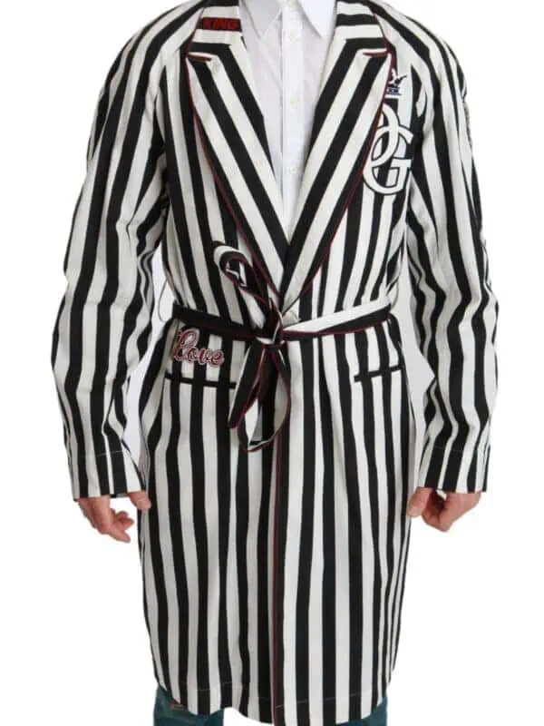 Dolce & Gabbana Black Coat Nightgown White Cotton Robe
