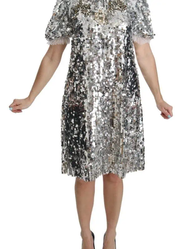 Dolce & Gabbana Silver Sequined Crystal Shift Gown Dress