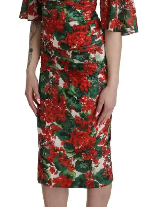 Dolce & Gabbana Red Floral Sheath Midi Silk Stretch Dress