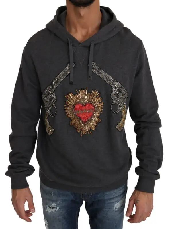 Dolce & Gabbana Gray Hooded Red Crystal Heart Gun Sweater