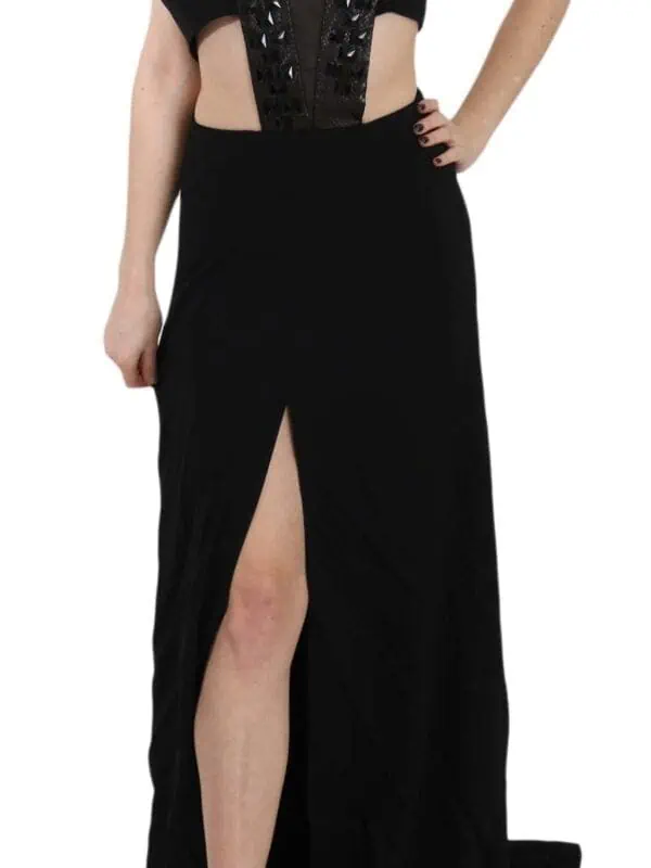 John Richmond Black Crystal Leather Gown Flare Dress