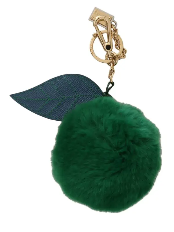Dolce & Gabbana Green Leather Fur Gold Clasp Keyring Women Keychain