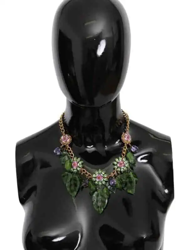 Dolce & Gabbana Green Leaves Gold Brass Crystal Flower Pendant Necklace