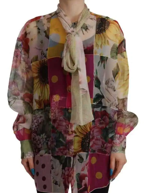 Dolce & Gabbana Multicolor Ascot Collar Patchwork Blouse Top