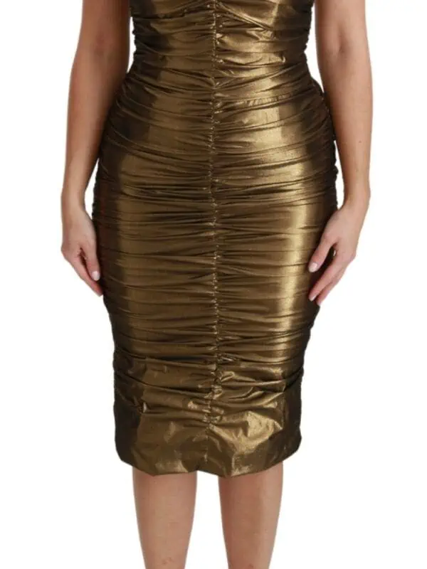 Dolce & Gabbana Gold Metallic Stretch Bodycon Ruched Dress