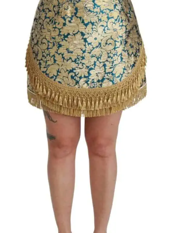 Dolce & Gabbana Blue High Waist Jacquard Tassel Gold Skirt
