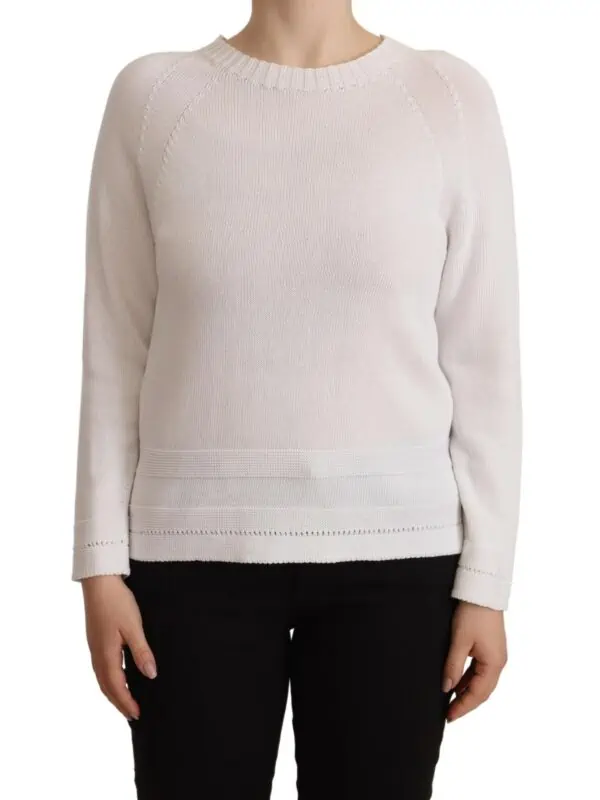 Alpha Studio White Long Sleeves Crewneck Pullover Sweater