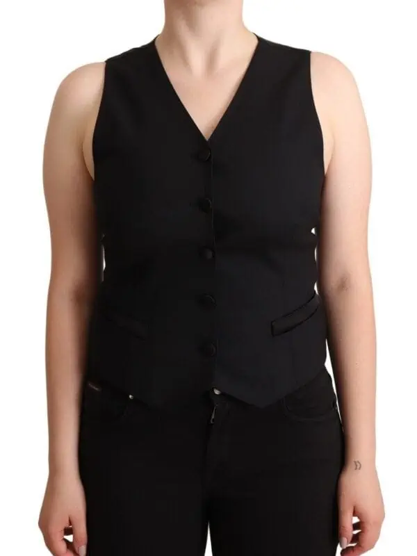 Dolce & Gabbana Black Button Down Sleeveless Viscose Vest Top