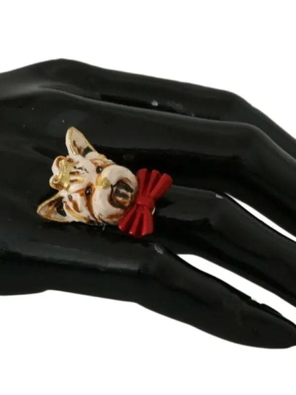Dolce & Gabbana Gold Brass Resin Beige Dog Pet Branded Accessory Ring