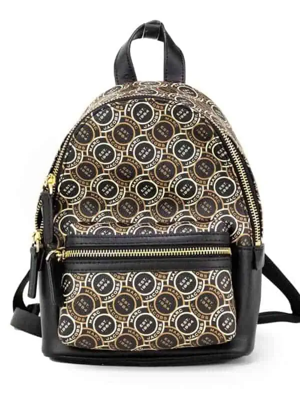 Marc Jacobs Signet Mini Black Logo Printed Leather Shoulder Backpack Bookbag