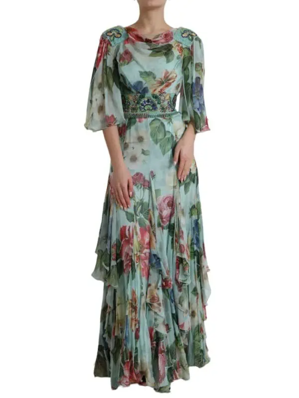 Dolce & Gabbana Blue Floral Print Tiered Long Maxi Dress