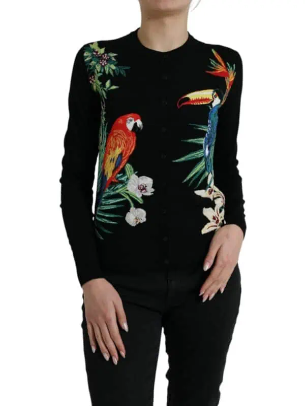 Dolce & Gabbana Black Bird Wool Long Sleeve Cardigan Sweater