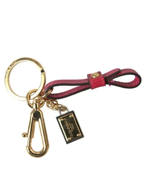 Dolce & Gabbana Red Calf Leather Gold Metal Logo Plaque Keyring Keychain