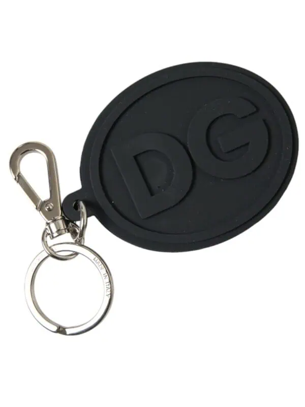 Dolce & Gabbana Black Rubber DG Logo Silver Brass Metal Keyring Keychain