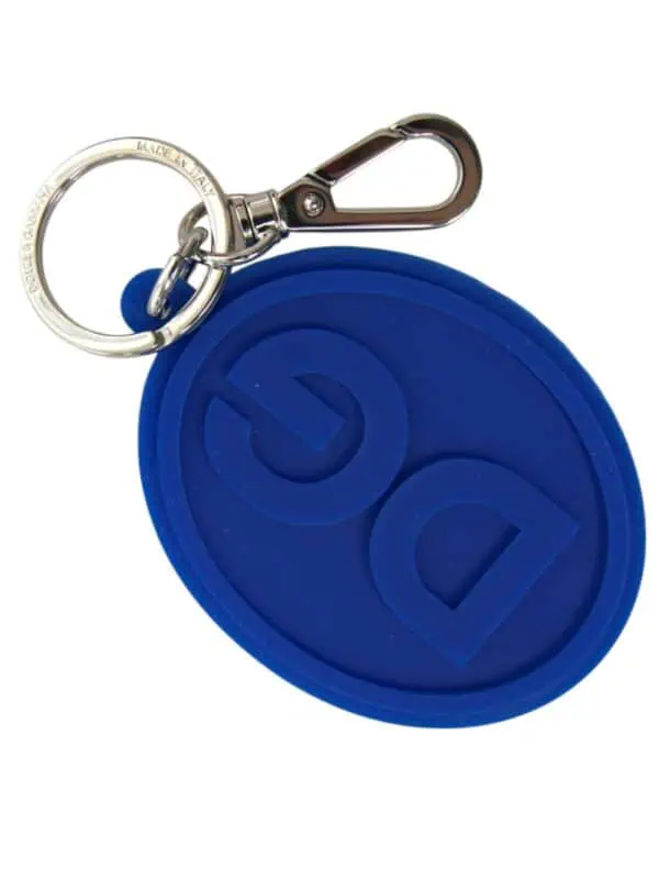 Dolce & Gabbana Blue Rubber DG Logo Silver Brass Metal Keyring Keychain