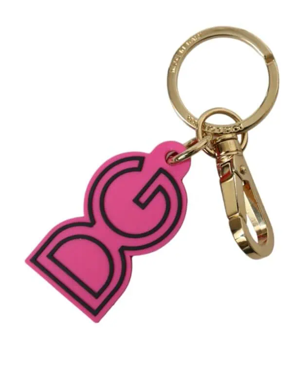 Dolce & Gabbana Pink Rubber Gold Tone Metal DG Logo Keyring Keychain