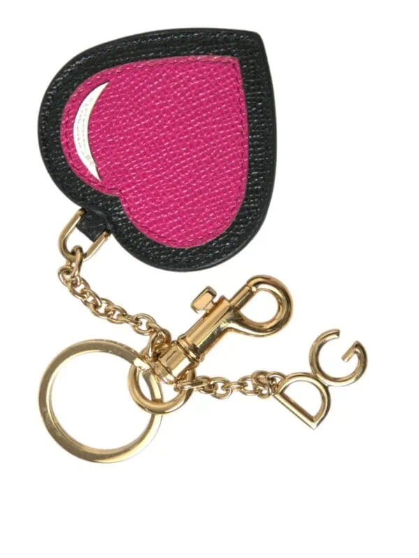Dolce & Gabbana Pink Black Heart Leather Gold Tone Brass Keyring Keychain