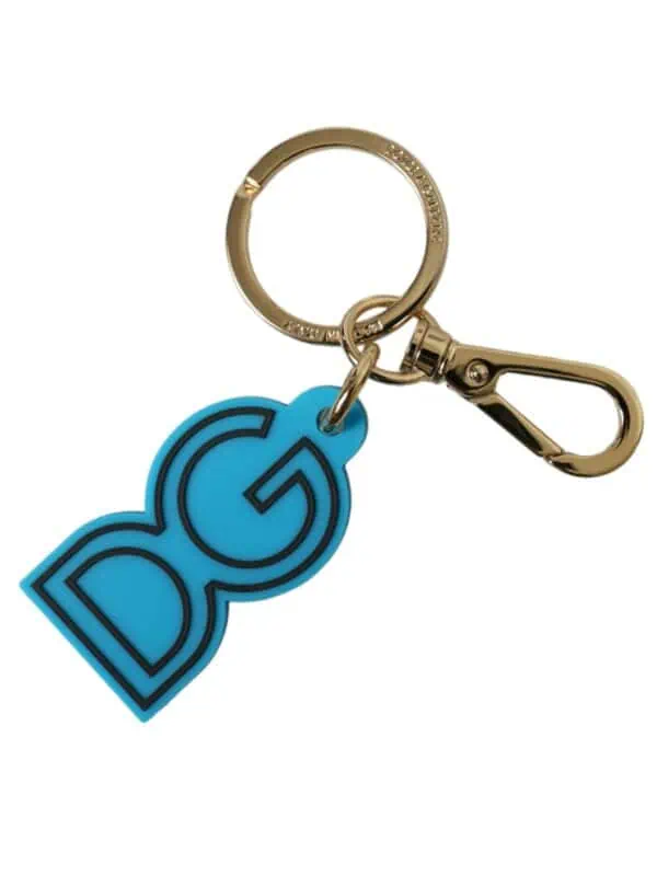 Dolce & Gabbana Blue Rubber Gold Tone Metal DG Logo Keyring Keychain