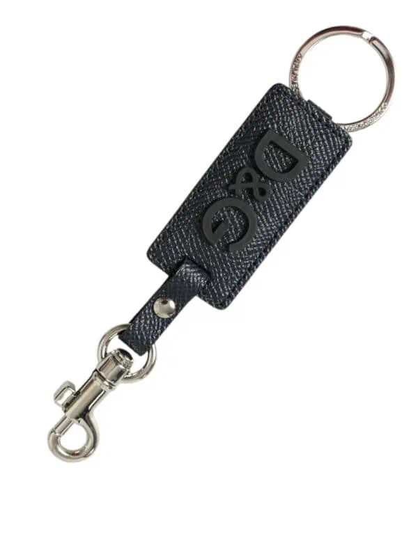 Dolce & Gabbana Black Calf Leather DG Logo Silver Brass Keyring Keychain