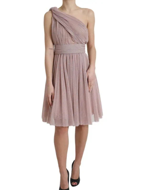 Dolce & Gabbana Light Lilac Pleated Lame Tulle One Shoulder Dress