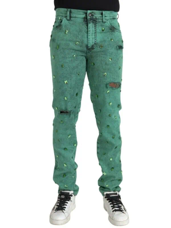 Dolce & Gabbana Green Crystals Cotton Stretch Slim Jeans