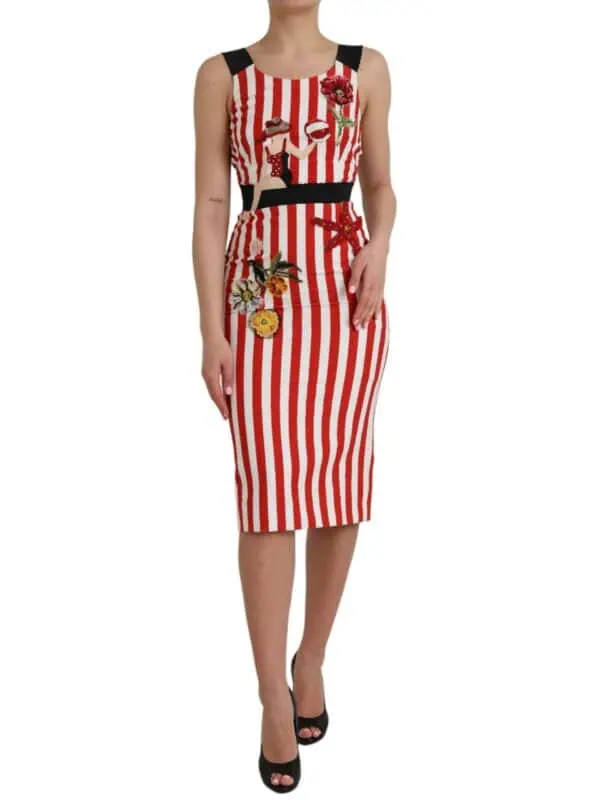 Dolce & Gabbana Red White Floral Sleeveless Sheath Midi Dress