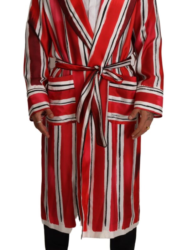 Dolce & Gabbana Red White Striped Silk Mens Night Gown Robe