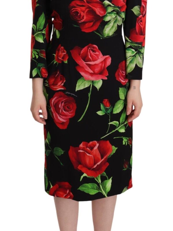 Dolce & Gabbana Black Red Roses Sheath Stretch Silk Dress