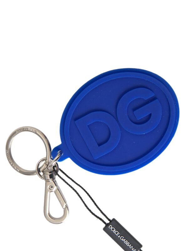 Dolce & Gabbana Blue Rubber DG Logo Silver Brass Metal Keyring Keychain