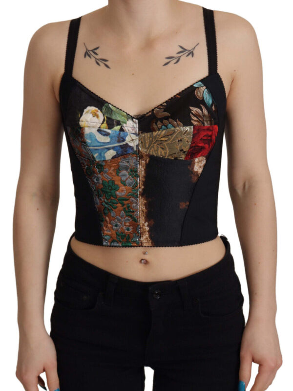 Dolce & Gabbana Black Patchwork Sicily Blouse Corset Cropped Top