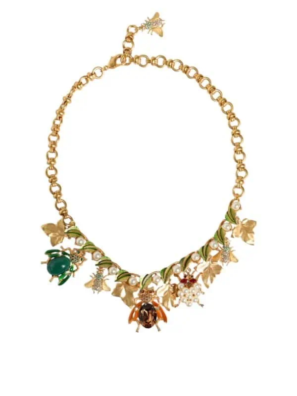 Dolce & Gabbana Gold Brass Crystal Bug Charm Pendant Statement Necklace