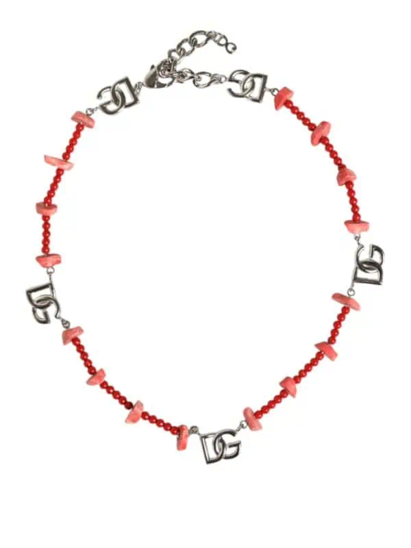Dolce & Gabbana Silver Tone Brass Beaded Resin DG Logo Chain Necklace