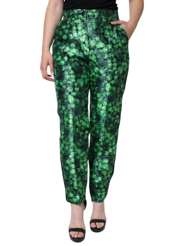 Dolce & Gabbana Green Clover Silk Satin High Waist Tapered Pants