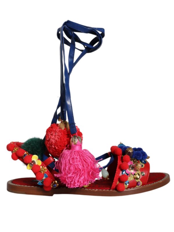 Dolce & Gabbana Multicolor Pom Pom Fur Wrap Sandals Shoes