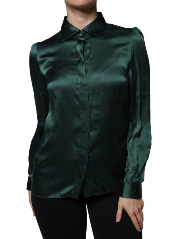 Dolce & Gabbana Dark Green Silk Button Down Long Sleeves Blouse Top