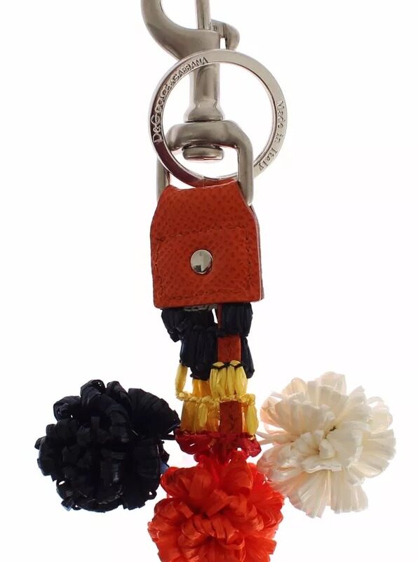 Dolce & Gabbana Silver Brown Raffia Leather Clasp Finder Chain Keyring