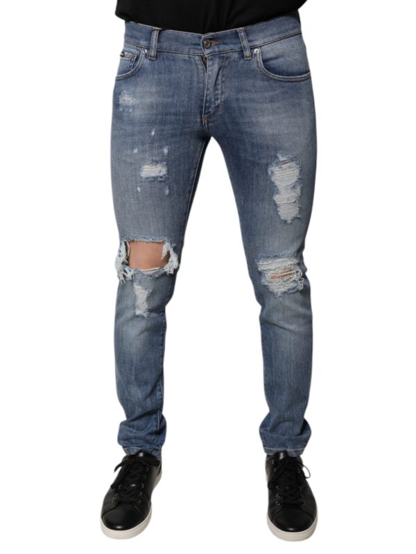 Dolce & Gabbana Blue Tattered Cotton Stretch Skinny Denim Jeans